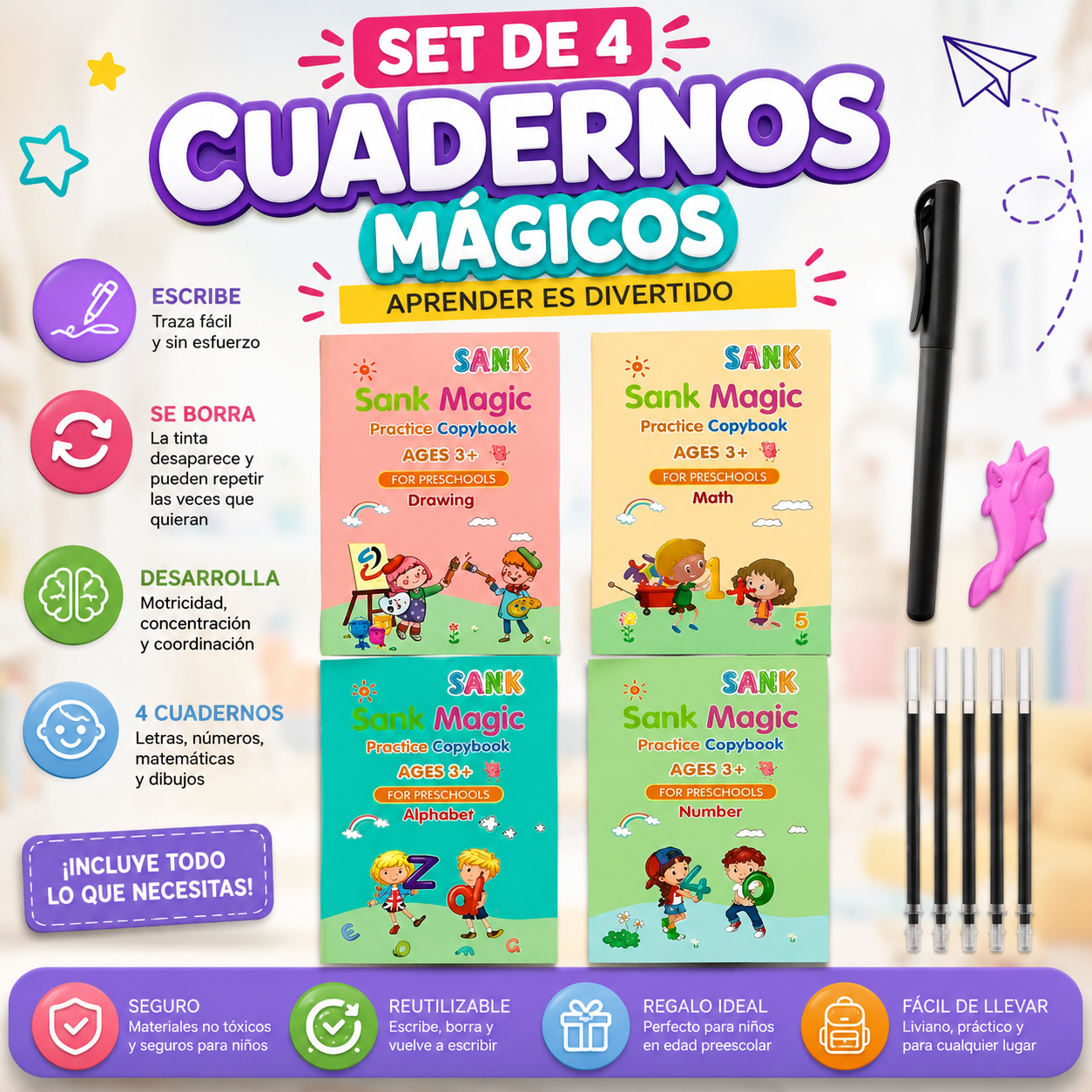 Set 4 Cuadernos Magic Caligrafía Montessori